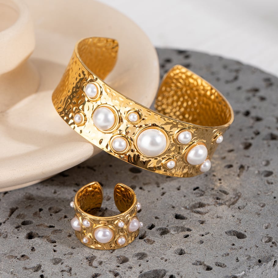1 Pair Classic Series Retro Geometric Stainless Steel 18K Gold Plated Artificial Pearl Women Adjustable Rings Picture5