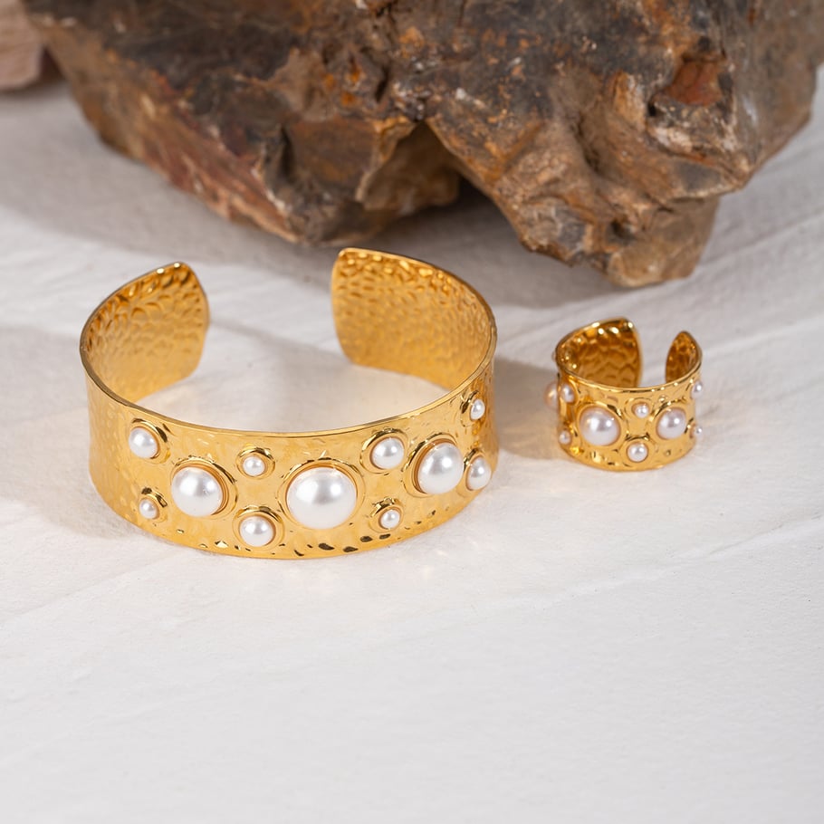 1 Pair Classic Series Retro Geometric Stainless Steel 18K Gold Plated Artificial Pearl Women Adjustable Rings Picture3