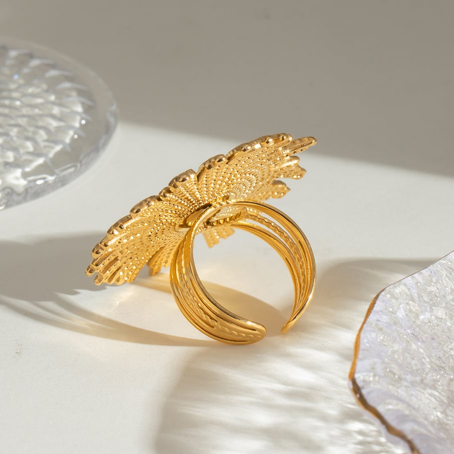 1 pair simple series retro flower stainless steel gold plated women adjustable rings h5Picture5