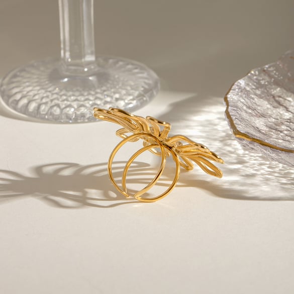 1 Pair Simple Series Elegant Flower Stainless Steel 18K Gold Plated Women Adjustable Rings