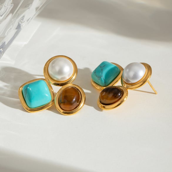 1 Pair Ethnic Series Retro Geometric Stainless Steel 18K Gold Plated Natural Stone Women Stud Earrings 2