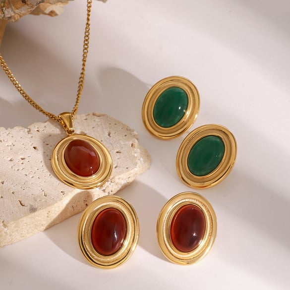 1 Piece Romantic Series Retro Geometric Stainless Steel 18K Gold Plated Artificial Gemstone Women Pendant Necklaces 2