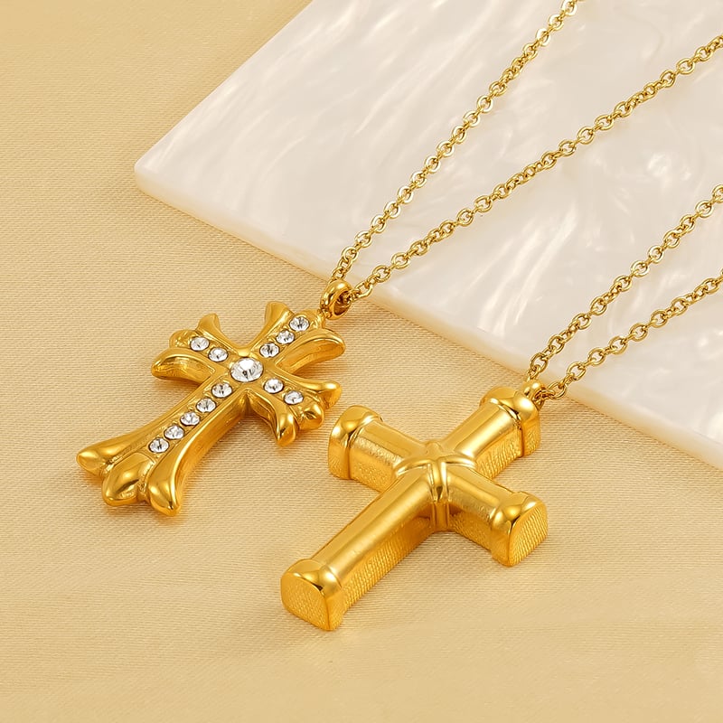 1 Piece European and American Style Cross Shape Titanium Steel Gold Plated Inlay Rhinestone Women's Pendant Necklace Picture9