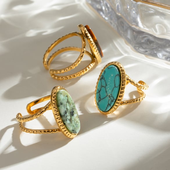 1 Pair Ethnic Series Retro Geometric Titanium Steel 18K Gold Plated Natural Stone Women Adjustable Rings