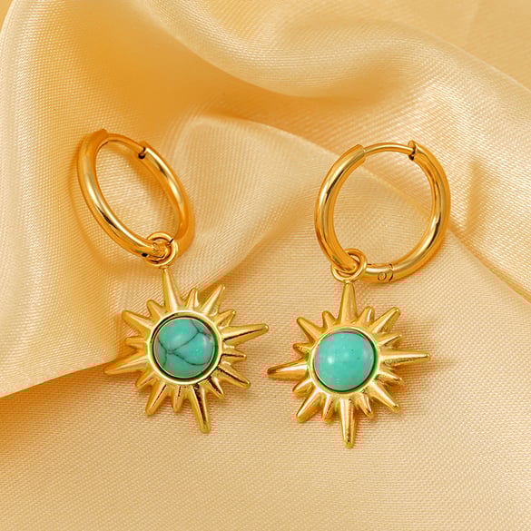 1 Pair Ins Retro Style Eight-pointed Star Shape Stainless Steel 18K Gold Plated Inlay Turquoise Women's Drop Earrings 2