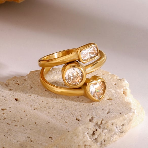 1 paire de bagues ajustables pour femme en acier inoxydable plaqué or 18 carats avec zircons, série Simple Sweet Heart 2