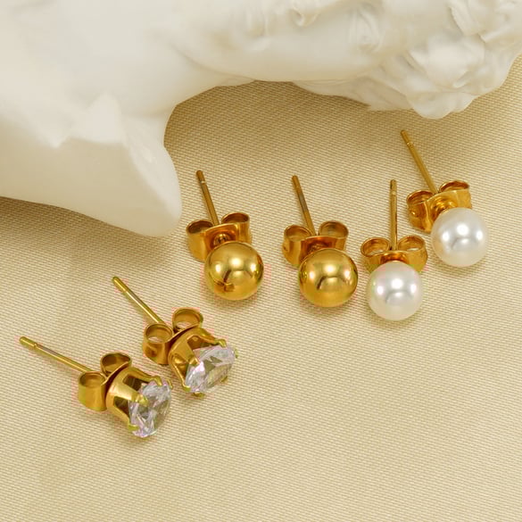 1 Pair Simple Series Simple Solid Color Stainless Steel 18K Gold Plated Artificial Pearl Women Stud Earrings 2
