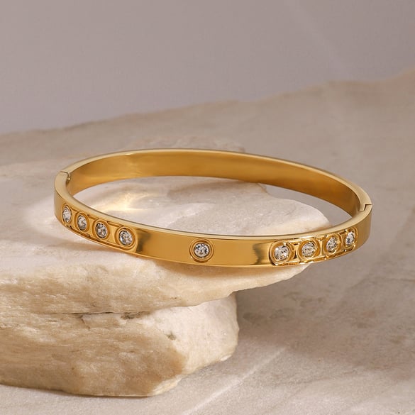 1 Piece Simple Series Europe and America round Stainless Steel 18K Gold Plated Rhinestone Women Bangles