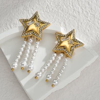 1 paire de boucles d&#39;oreilles pendantes élégantes à pampilles en acier inoxydable plaqué or 18 carats avec perles artificielles pour femmes, série classique h5 Image2