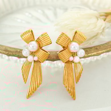 1 paire de boucles d&#39;oreilles pendantes rétro en acier inoxydable plaqué or 18 carats avec perles artificielles pour femme, série classique h5 Image11