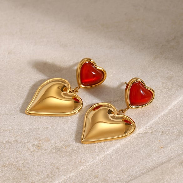 1 Pair Classic Series Sweet Heart Stainless Steel 18K Gold Plated Artificial Gemstone Women Drop Earrings 2