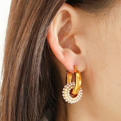 1 Pair Luxurious Series Retro Geometric Stainless Steel 18K Gold Plated Zircon Women Hoop Earrings h5 Picture4