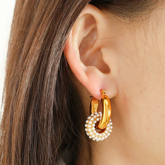 1 Pair Luxurious Series Retro Geometric Stainless Steel 18K Gold Plated Zircon Women Hoop Earrings Picture4