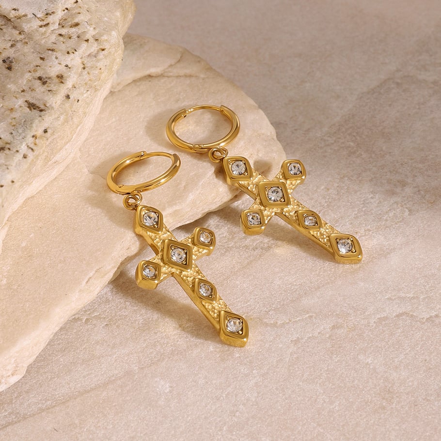 1 Pair Ethnic Series Classic Cross Stainless Steel 18K Gold Plated Zircon Women Drop Earrings Picture6
