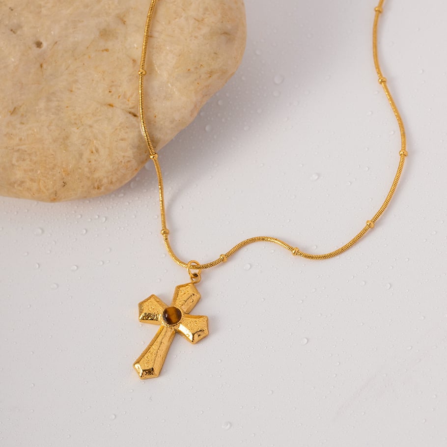 1 Piece Simple Series ins style Cross Stainless Steel 18K Gold Plated Natural Stone Women Pendant Necklaces Picture4