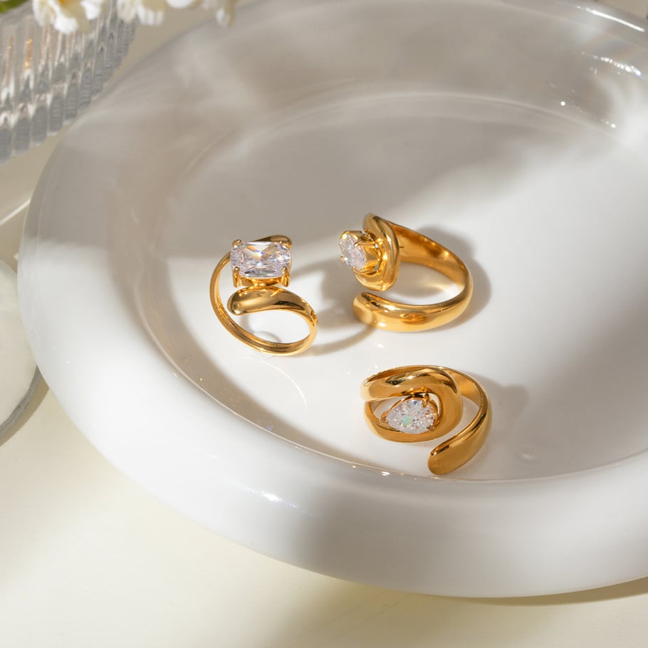 1 Pair Luxurious Series ins style irregular Stainless Steel 18K Gold Plated Rhinestone Women Single Rings Picture3