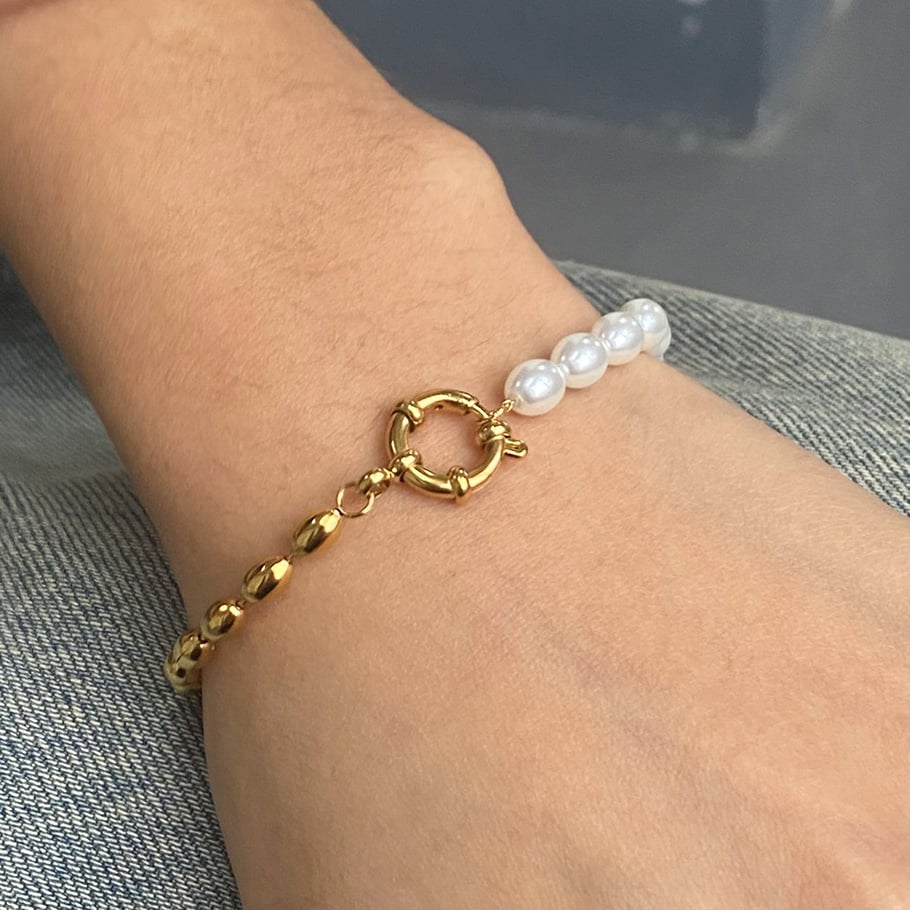1 Piece Classic Series Europe and America oval Stainless Steel 18K Gold Plated Artificial Pearl Women Beaded Bracelets Picture5