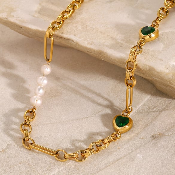 1 Piece Simple Series Sweet Heart Stainless Steel 18K Gold Plated Artificial Pearl Women Chain Necklaces