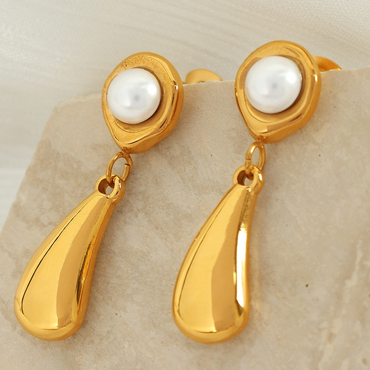 1 Pair Small design simple temperament earrings pearl electroplating 18k metal water drop earrings earrings female French retro women's pendant earrings Picture6