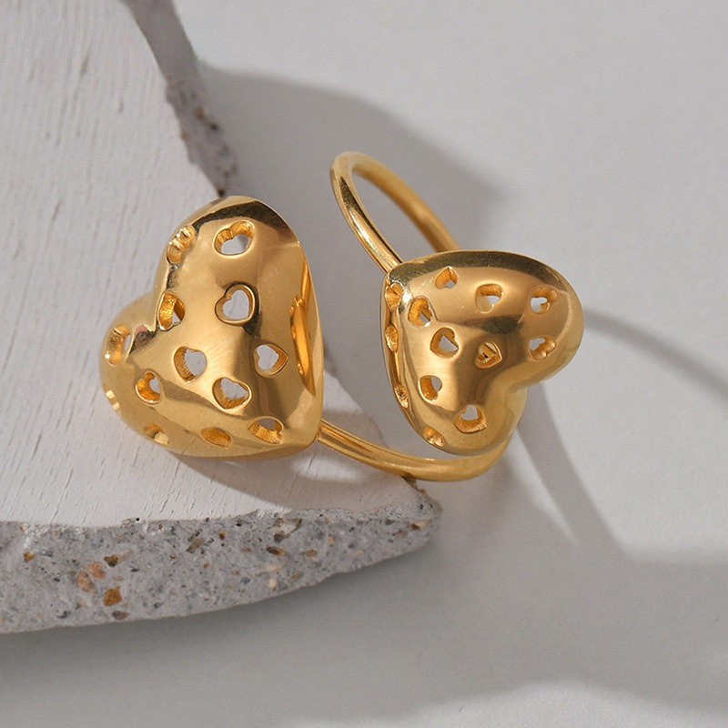 1 paire de bagues ajustables en acier inoxydable plaqué or 18 carats pour femme, style rétro, série romantique Image3