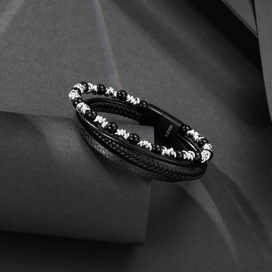 1 par de pulseras de cuero con cuentas retro de piedra natural para hombre Imagen2
