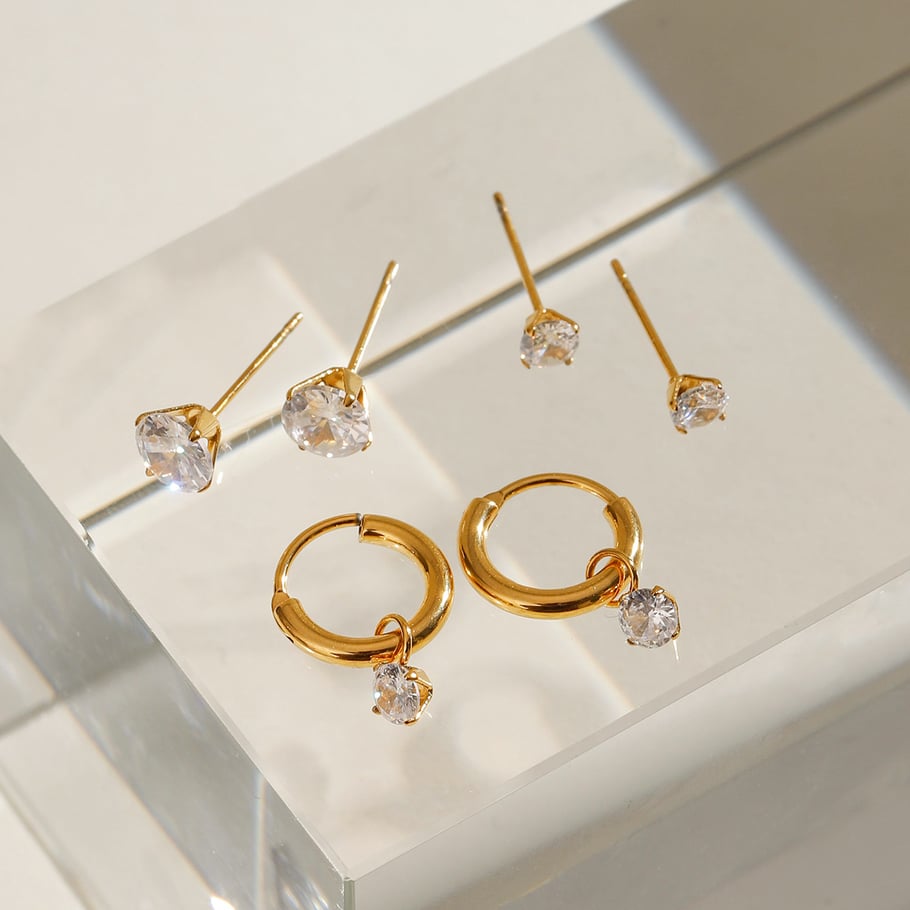 1 Paar Ohrringe Set aus süßen geometrischen Zirkonia-Steinen aus Edelstahl der Simple Series, 18 Karat vergoldet Bild6