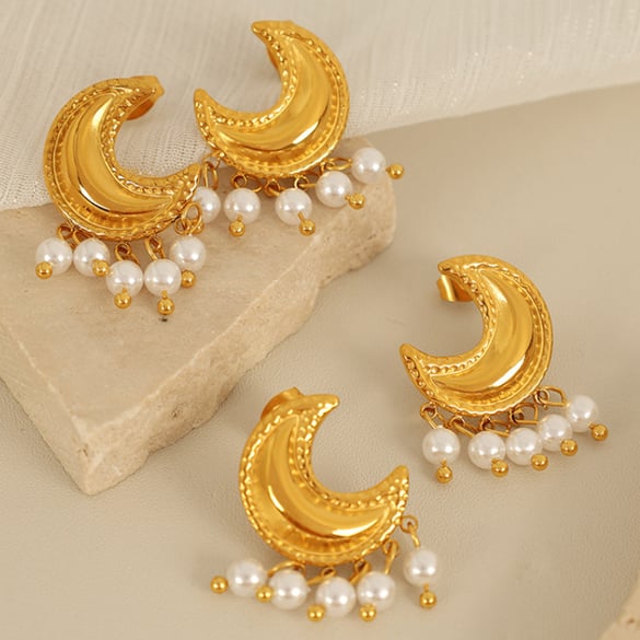 1 Çift Klasik Seri Retro Güneş/Ay Paslanmaz Çelik 18K Altın Kaplama Yapay İnci Kadın Küpe