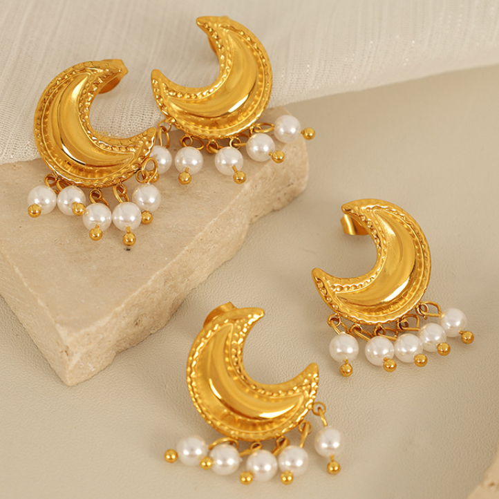 1 Pair Classic Series Retro Sun/Moon Stainless Steel 18K Gold Plated Artificial Pearl Women Stud Earrings Picture3