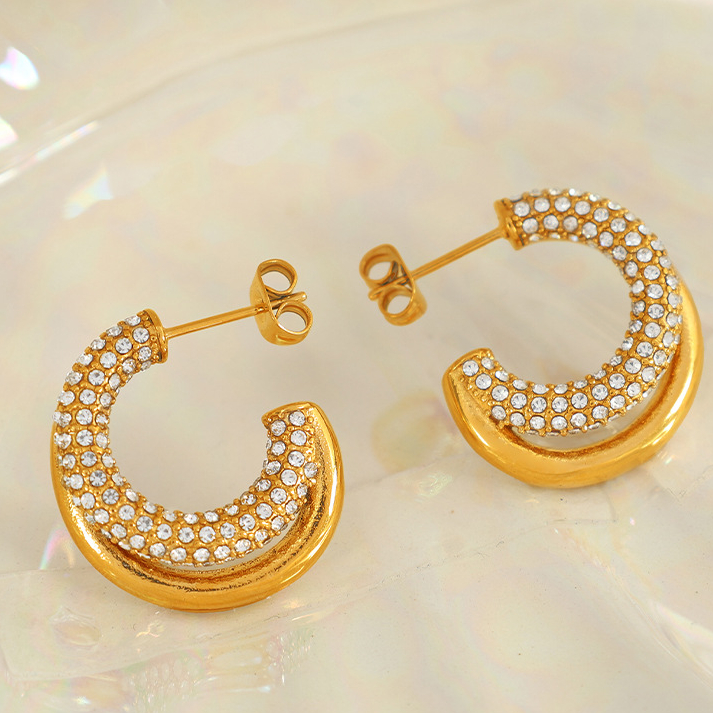 1 Pair Simple Series Classic Geometric Stainless Steel 18K Gold Plated Rhinestone Women Hoop Earrings Picture7