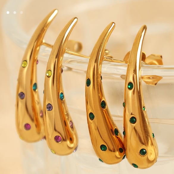 1 Pair Simple Series Simple Droplet Stainless Steel 18K Gold Plated Rhinestone Women Stud Earrings