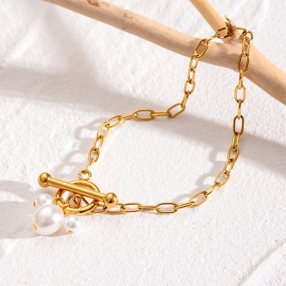 1 pezzo semplice serie dolce geometrico acciaio inossidabile placcato oro 18K perle artificiali donne braccialetti con ciondoli 2