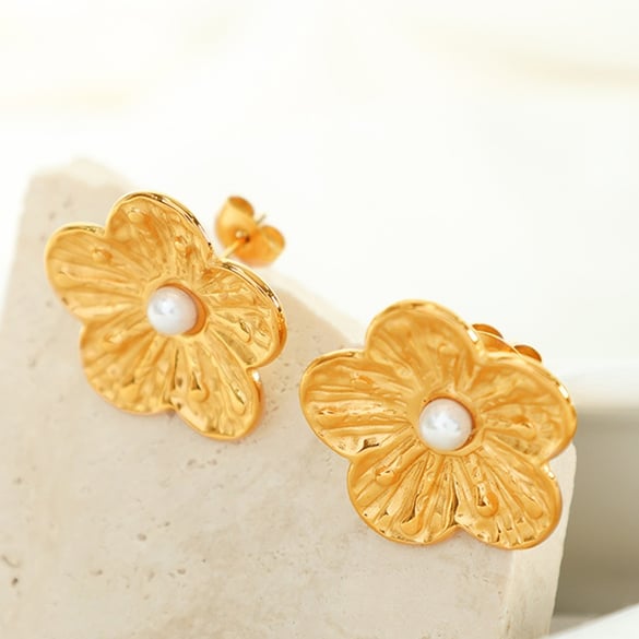 1 Çift Romantik Seri Retro Çiçek Paslanmaz Çelik 18K Altın Kaplama Yapay İnci Kadın Küpe