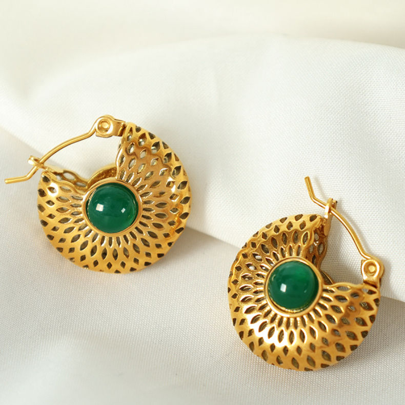 1 Pair Classic Series Retro Geometric Stainless Steel 18K Gold Plated Artificial Gemstone Women Hoop Earrings Picture6
