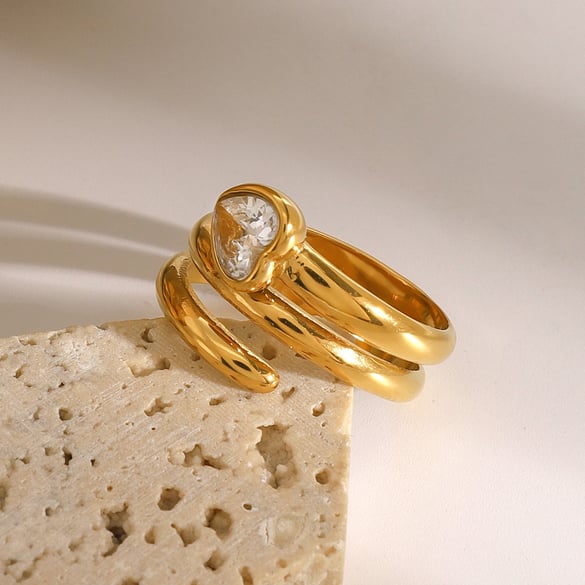 1 Pair Simple Series Casual Heart Stainless Steel 18K Gold Plated Zircon Women Single Rings 2