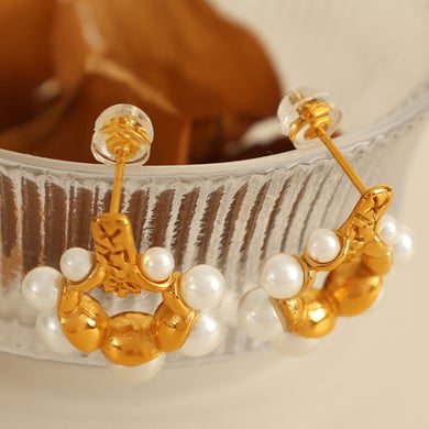 1 Pair Romantic Series Retro Flower Stainless Steel 18K Gold Plated Artificial Pearl Women Stud Earrings h5 Picture6