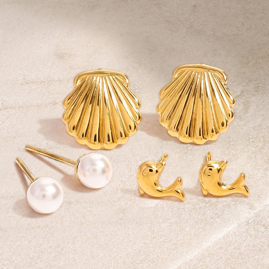 1 Pair Simple Series Europe and America Turtle Stainless Steel 18K Gold Plated Artificial Pearl Women Earrings Set Picture3