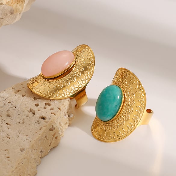 1 Piece Classic Retro Style Geometric Shape Stainless Steel 18K Gold Plated Inlay Natural Stone Women's Adjustable Ring 2