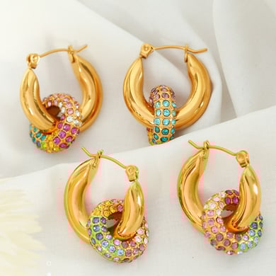 1 Pair Luxurious Series Retro Geometric Stainless Steel 18K Gold Plated Zircon Women Hoop Earrings h5 Picture7