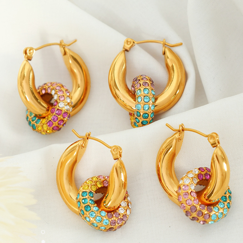 1 Pair Luxurious Series Retro Geometric Stainless Steel 18K Gold Plated Zircon Women Hoop Earrings Picture7