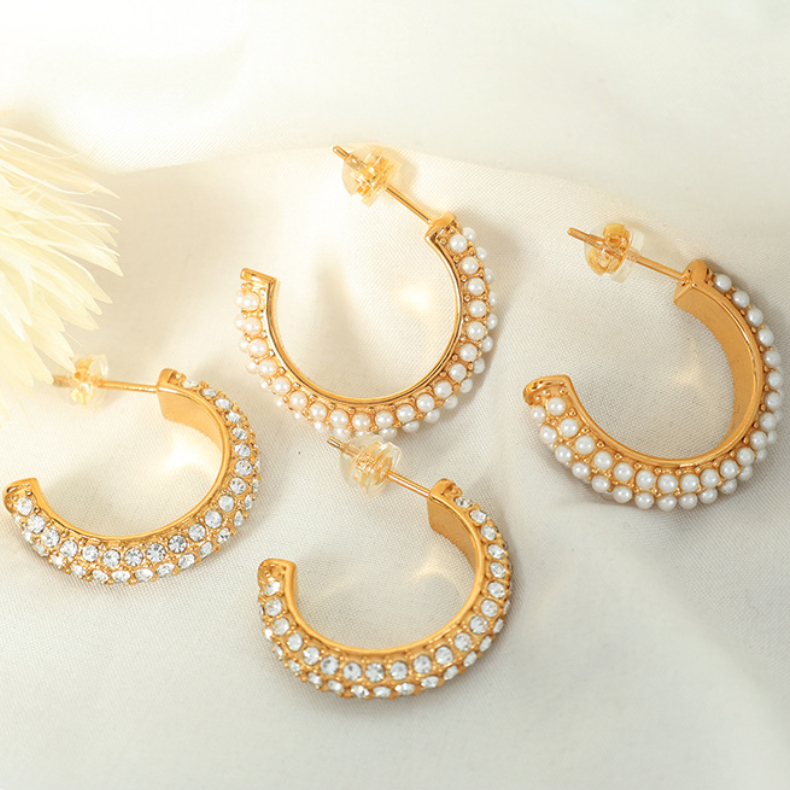 1 Pair Luxurious Series Retro Geometric Stainless Steel 18K Gold Plated Zircon Women Hoop Earrings Picture6
