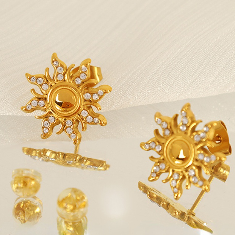 1 Pair Simple Series Retro Sun/Moon Stainless Steel 18K Gold Plated Rhinestone Women Stud Earrings Picture9