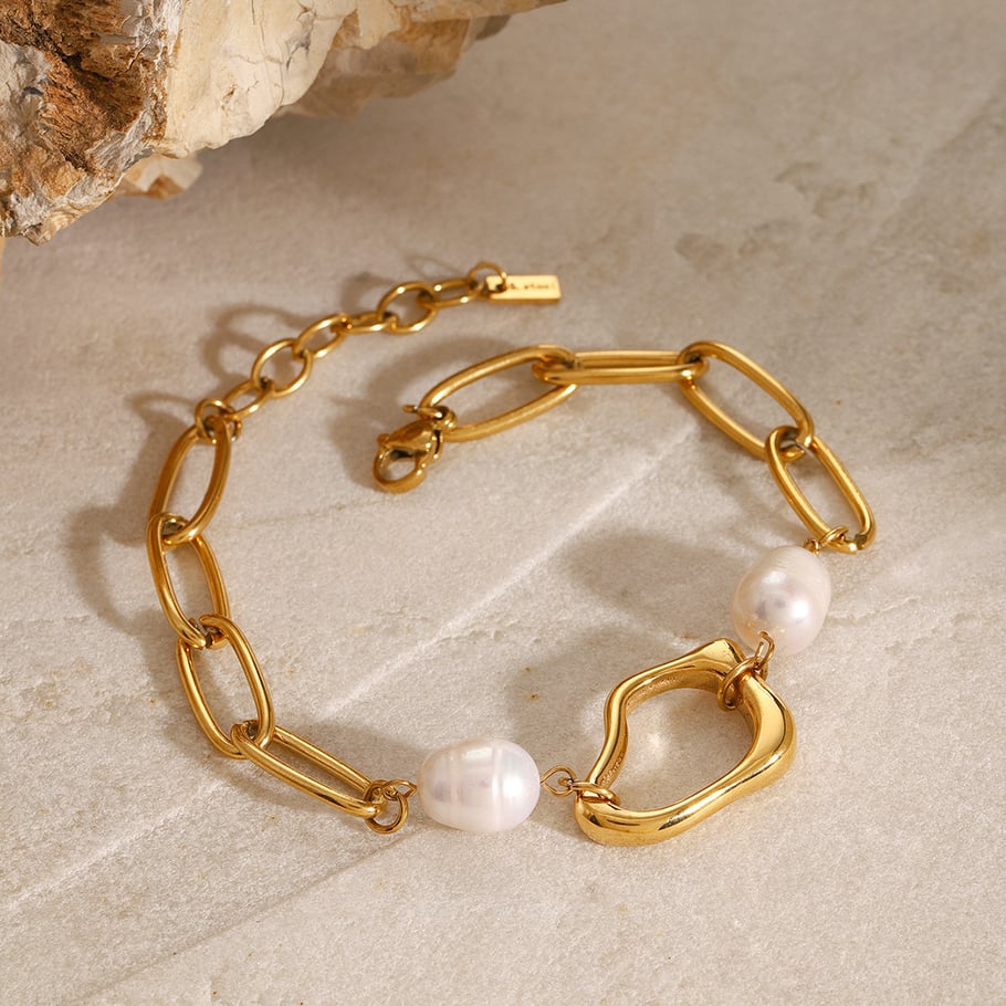 Bracelet chaîne élégant géométrique en acier inoxydable plaqué or 18 carats avec perles artificielles pour femme, série simple, 1 pièce Image3