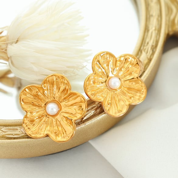 1 Çift Romantik Seri Retro Çiçek Paslanmaz Çelik 18K Altın Kaplama Yapay İnci Kadın Küpe 2