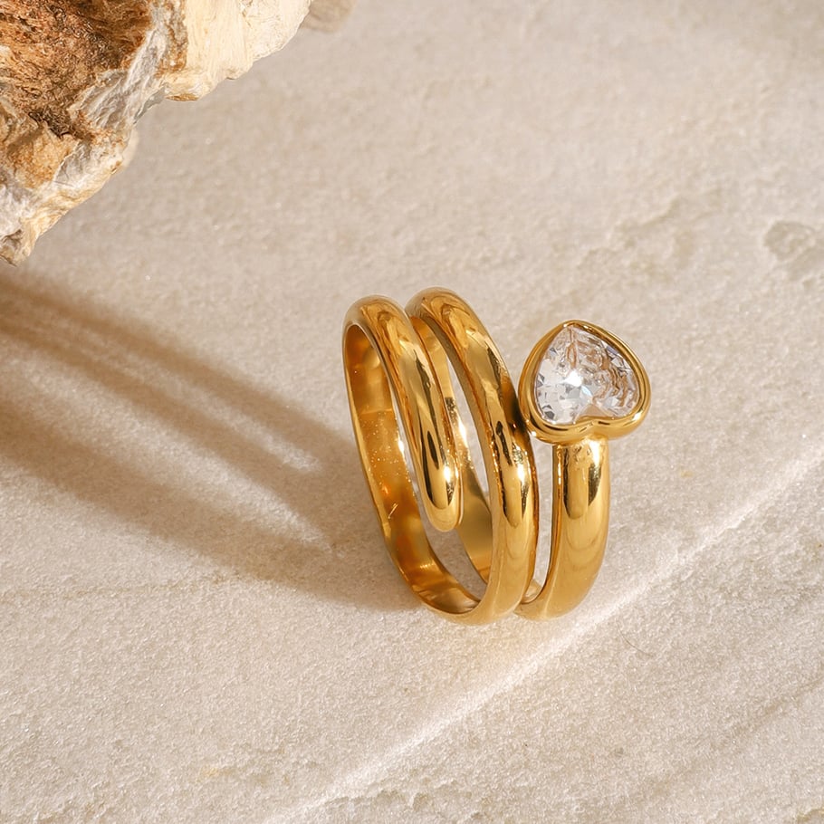 1 Pair Simple Series Casual Heart Stainless Steel 18K Gold Plated Zircon Women Single Rings Picture5