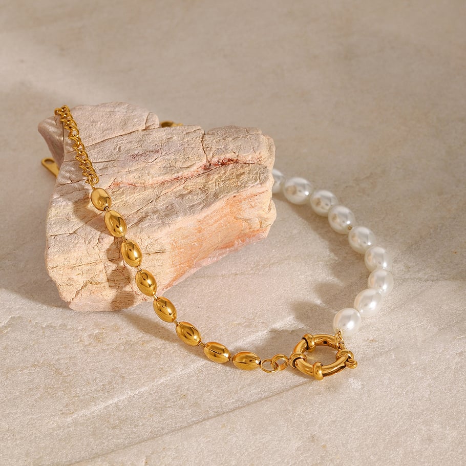 1 Piece Classic Series Europe and America oval Stainless Steel 18K Gold Plated Artificial Pearl Women Beaded Bracelets Picture4