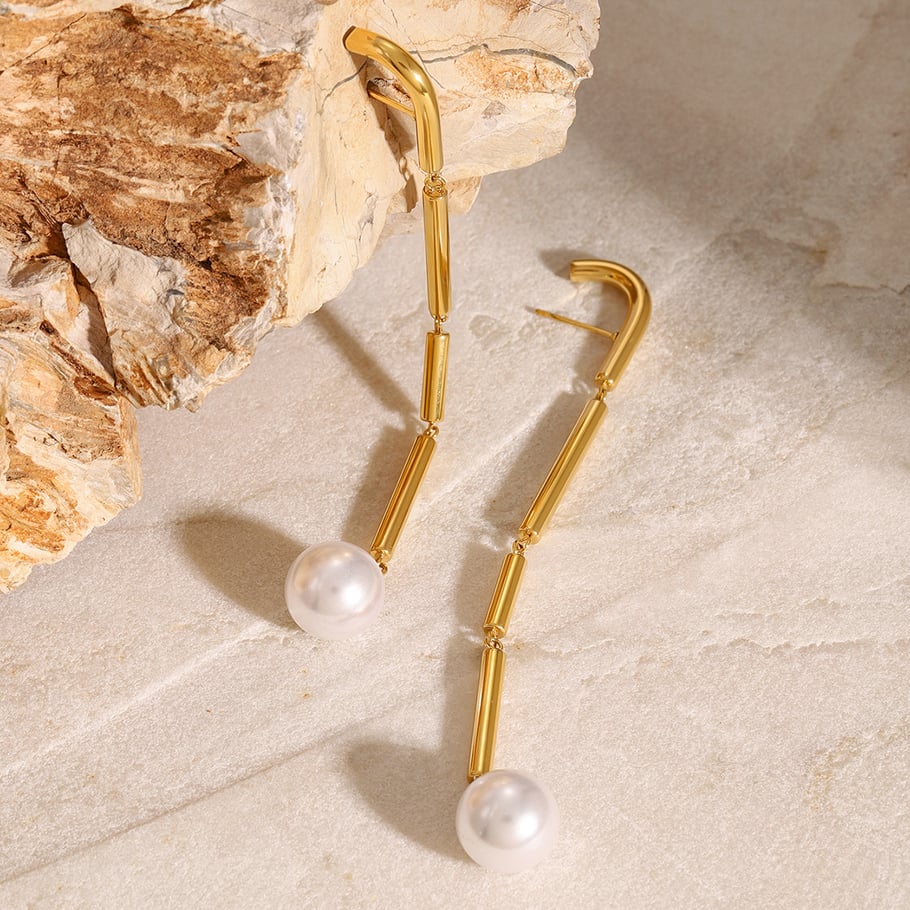 1 Pair Classic Series Europe and America line Stainless Steel 18K Gold Plated Artificial Pearl Women Drop Earrings Picture5