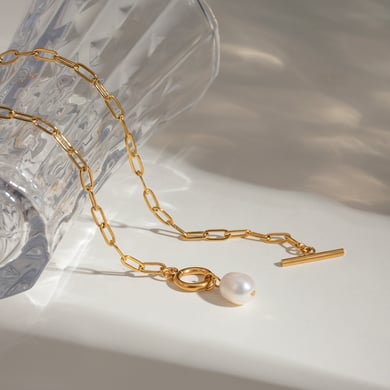 1 Stück Simple Series Klassische geometrische Edelstahl 18 Karat vergoldete Kunstperle Damen-Anhänger-Halsketten h5 Bild4