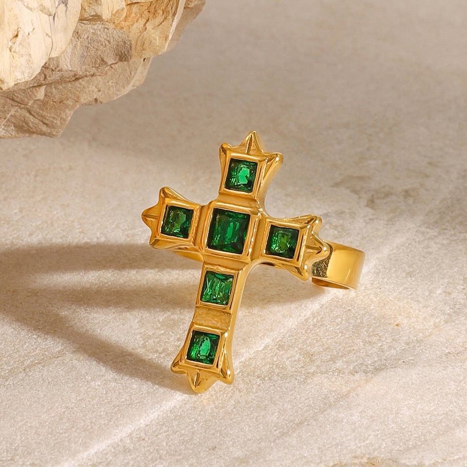 1 Pair Classic Series Retro Cross Stainless Steel 18K Gold Plated Zircon Women Adjustable Rings Picture3