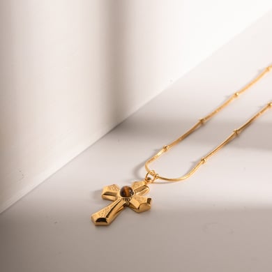 1 Piece Simple Series ins style Cross Stainless Steel 18K Gold Plated Natural Stone Women Pendant Necklaces h5 Picture3