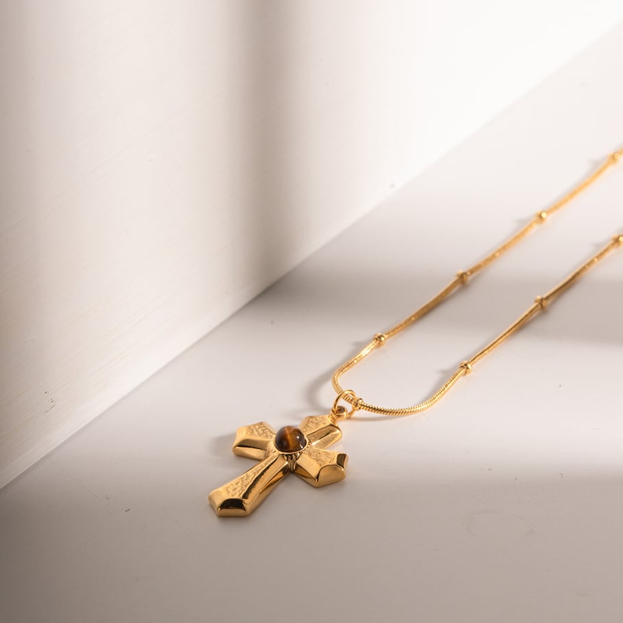 1 Piece Simple Series ins style Cross Stainless Steel 18K Gold Plated Natural Stone Women Pendant Necklaces Picture3